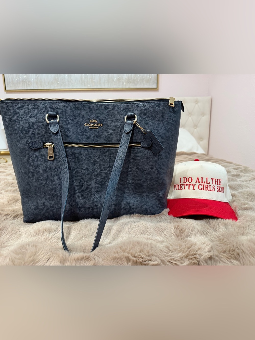 Coach Navy Saffiano Leather Tote with Gold-Tone Accents